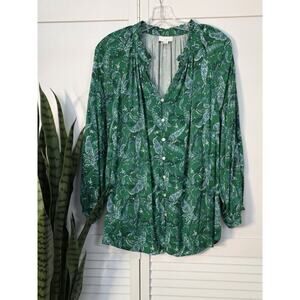 J. Jill Ruffled Satin Paisley Top Women’s Size L Button Front Puff Sleeve Green